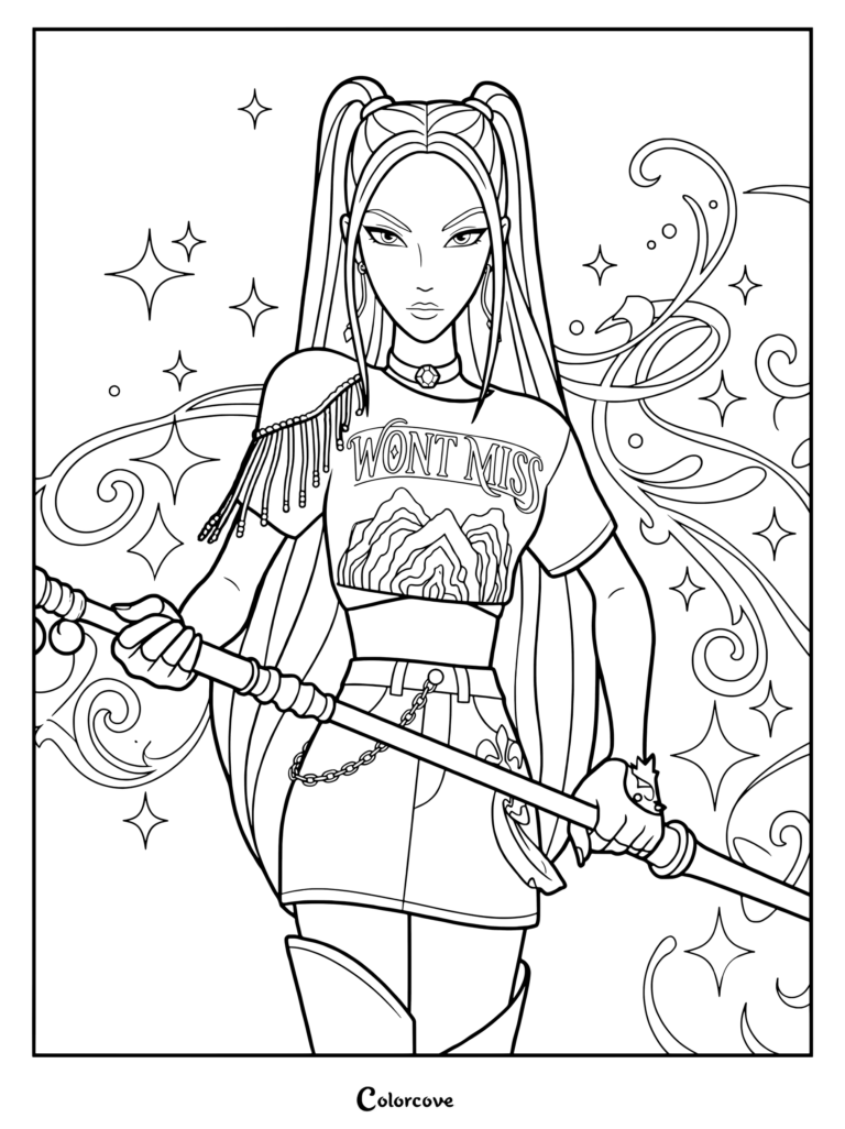 Mira from Kpop Demon Hunters holding a staff, wearing a Wont Miss crop top and high ponytail, featured in a detailed line art coloring page.