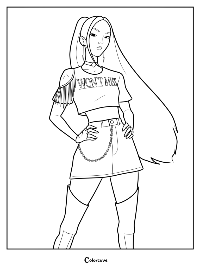 Mira from Kpop Demon Hunters wearing a Won't Miss crop top and chain skirt in this printable coloring page.
