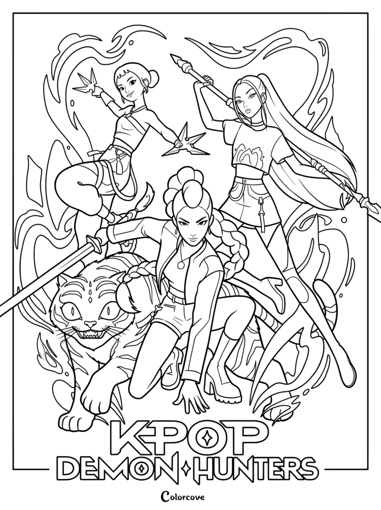 Three Kpop Demon Hunters and a tiger ready for battle.