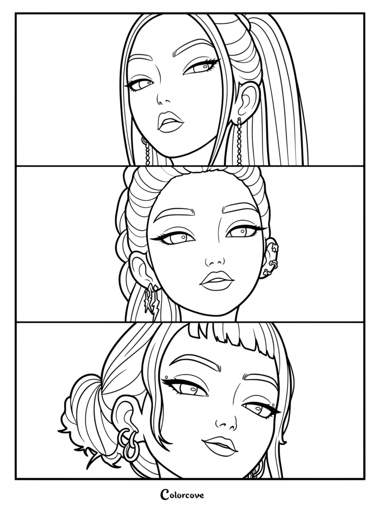 Kpop Demon Hunters Rumi, Mira, and Zoey coloring page featuring three close-up portrait panels of the characters with distinct hairstyles and earrings.