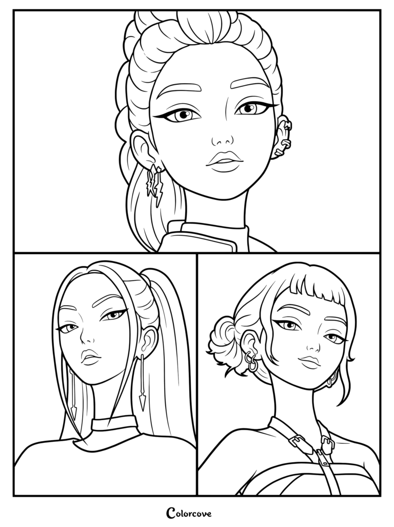 A Kpop Demon Hunters coloring page featuring portraits of Rumi with braided hair, Mira with a high ponytail, and Zoey with a messy bun and bangs.
