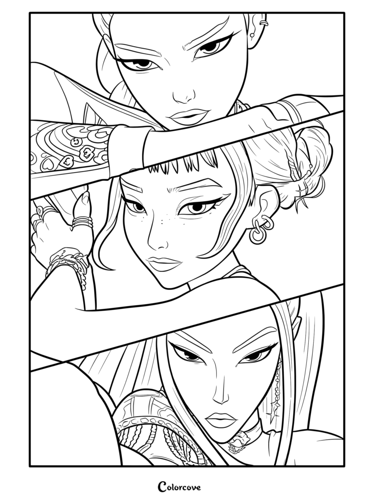 Close-up coloring page of Kpop Demon Hunters Rumi, Mira, and Zoey in a split-panel portrait style with detailed jewelry and tattoos.
