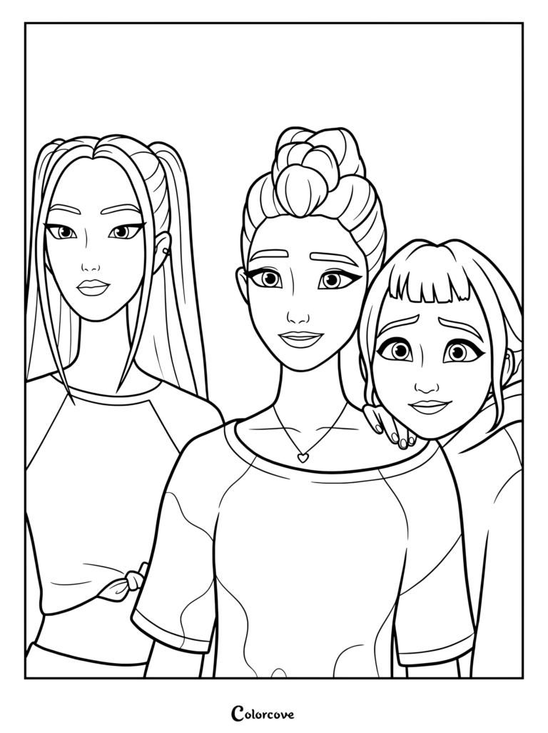 Kpop Demon Hunters Rumi, Mira, and Zoey posing together in a printable coloring page featuring their distinct hairstyles and outfits.