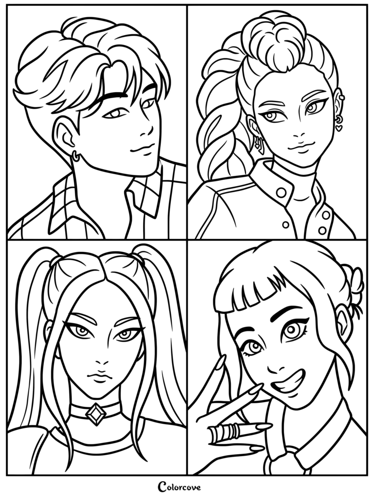 A printable coloring page featuring Jinu and the three members of the demon hunters from Kpop Demon Hunters.