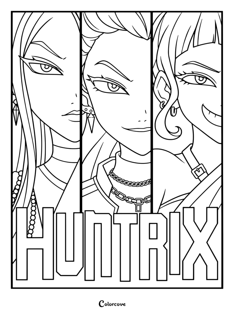 Huntrix coloring page featuring characters from Kpop Demon Hunters.