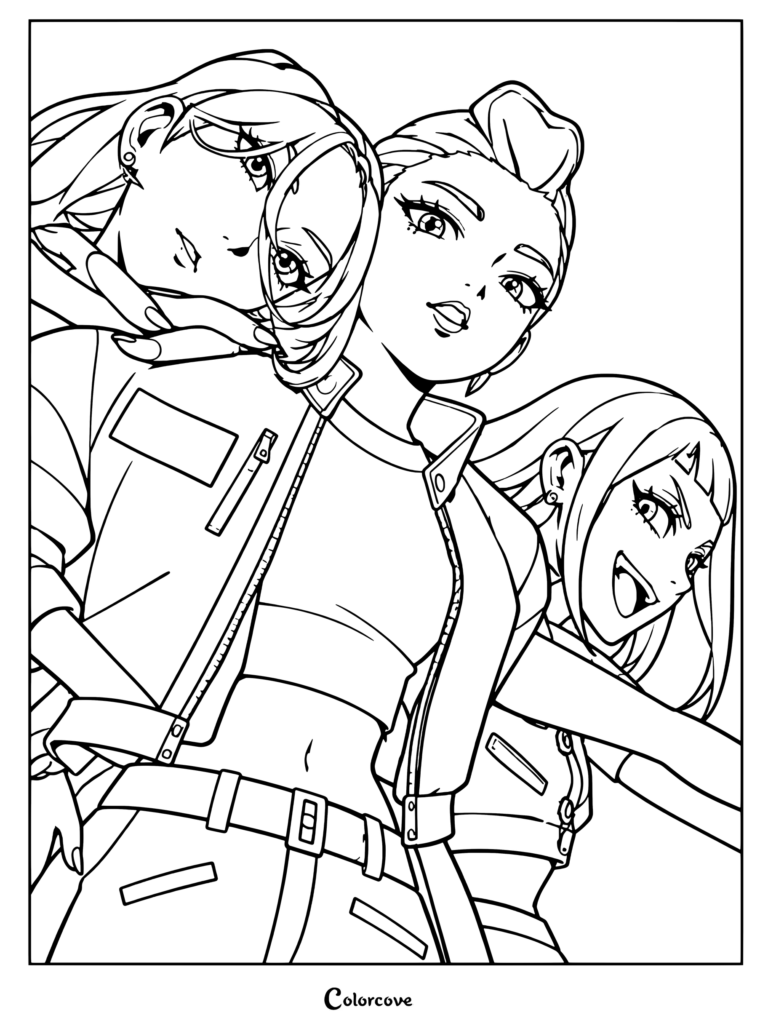 Huntrix coloring page featuring the Kpop Demon Hunters trio posing dynamically in stylish jackets.
