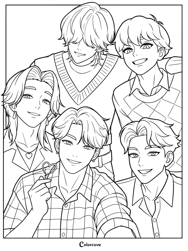 Kpop Demon Hunters coloring page featuring character art of the Saja Boys posing together.