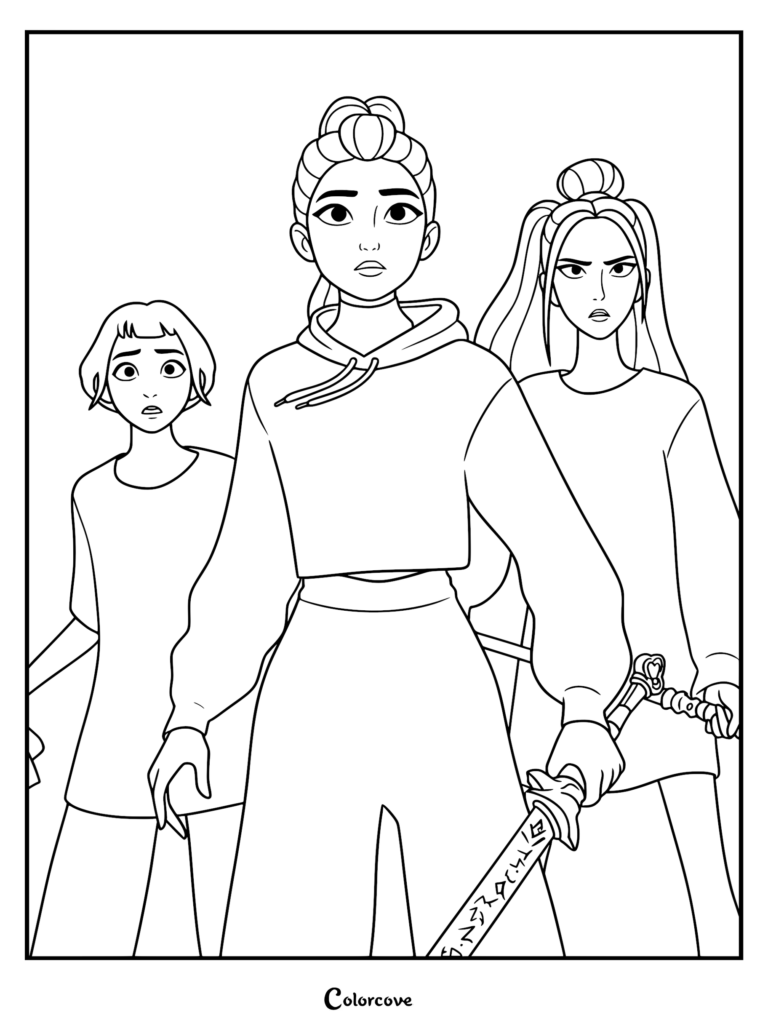 Rumi, Zoey, and Mira prepare to fight with signature weapons.
