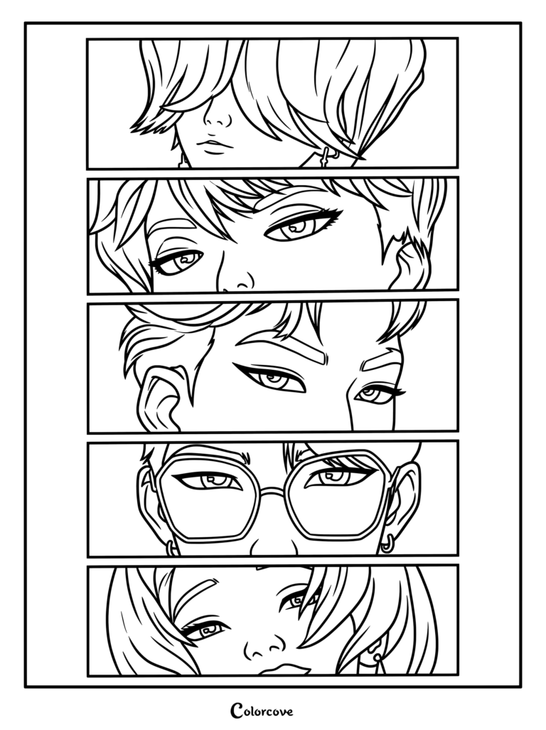 Kpop Demon Hunters coloring page featuring panel portraits of the Saja Boys.