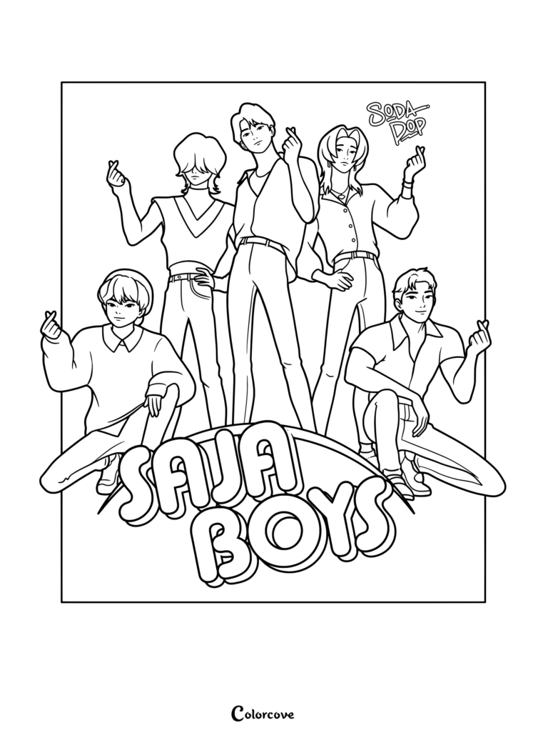 Coloring page featuring the Saja Boys, a fictional K-pop boy band from Kpop Demon Hunters, making finger hearts.