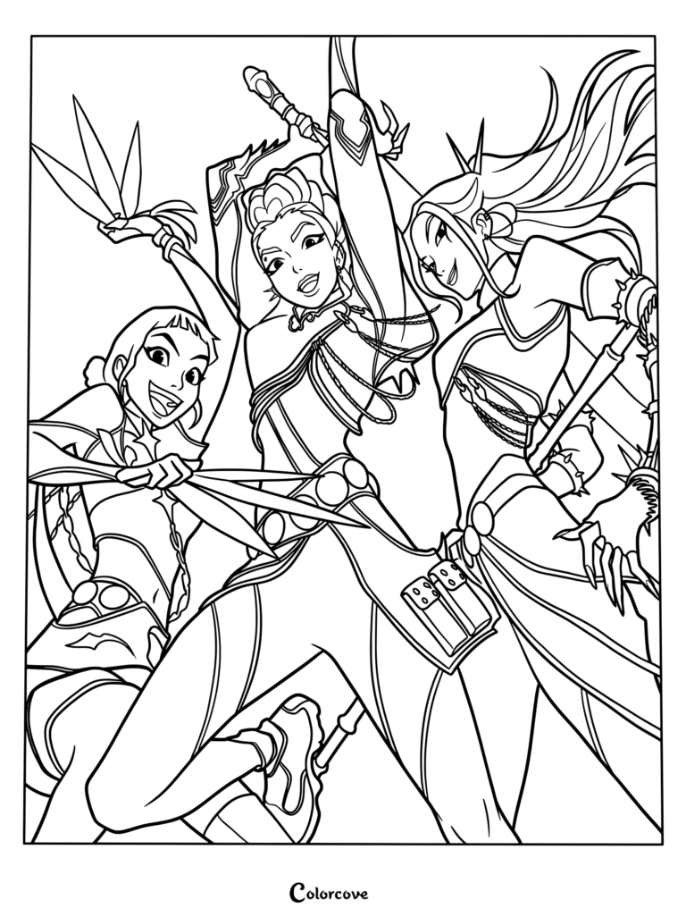 Free coloring page of HUNTRX, the K-pop demon hunter trio, illustrated by character designer Ami Thompson.