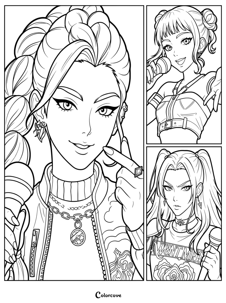Detailed coloring page of Huntrix, the K-pop demon-hunting girl group featuring Rumi, Zoey, and Mira from Kpop Demon Hunters.
