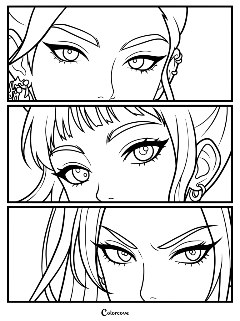 Kpop Demon Hunters coloring page featuring close-ups of Huntrix members Rumi, Mira, and Zoey.
