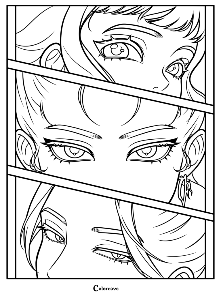 Detailed coloring page featuring stylized anime-style eye illustrations of Rumi, Zoey, and Mira from K-Pop Demon Hunters (HUNTRX).