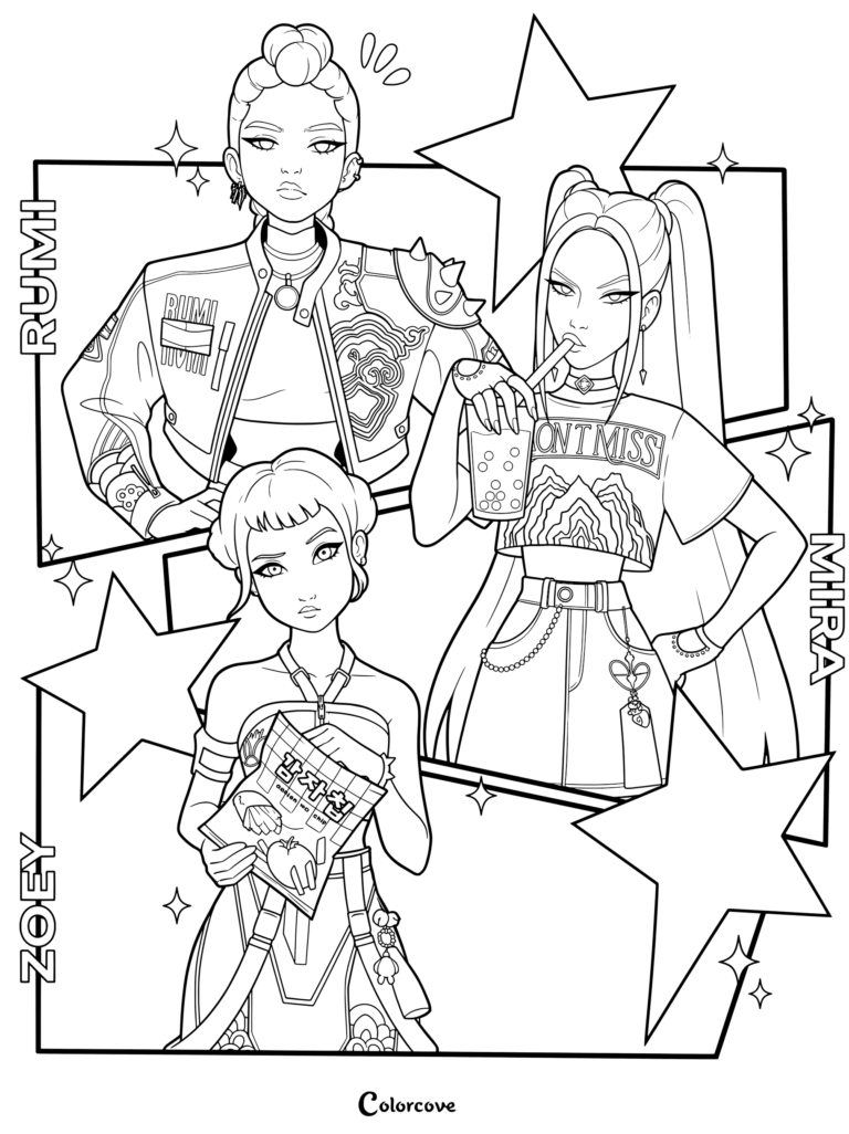 Huntrix members Rumi, Mira, and Zoey pose together with snacks and drinks.