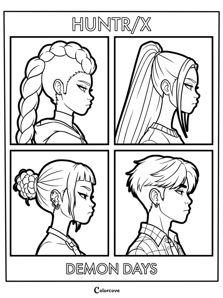 Kpop Demon Hunters coloring page featuring Zoey, Mira, Rumi, and Jinu from the group HUNTRX styled after the iconic Gorillaz Demon Days album cover.
