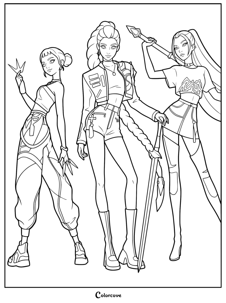 A line art coloring page featuring the KPop Demon Hunters trio: Zoey with her twin braided buns, Rumi in her signature dragon braid holding the Saingeom sword, and Mira posing with her Gok-do polearm.