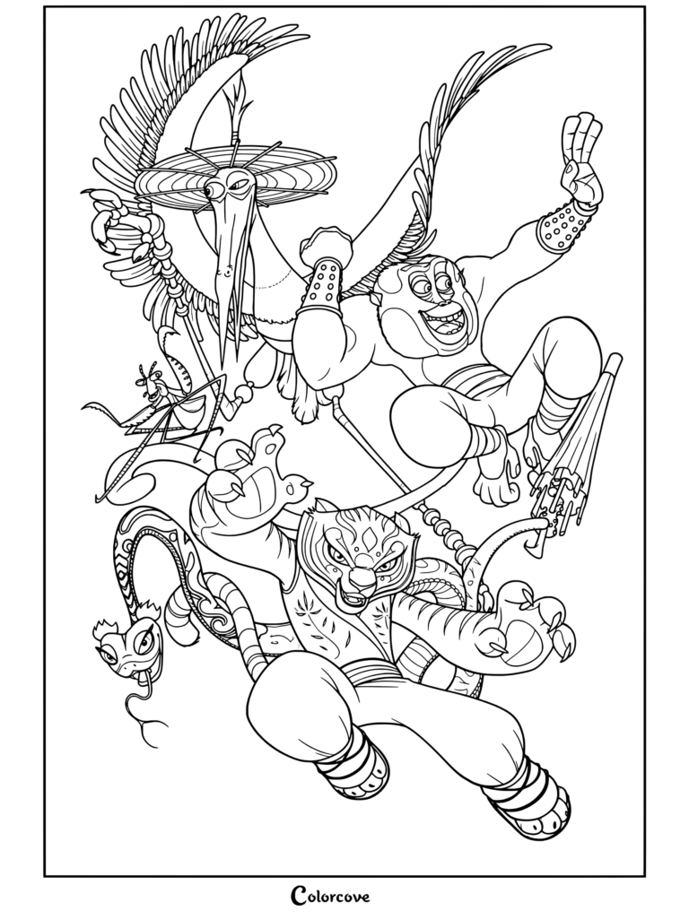 Coloriage des Cinq Cyclones de Kung Fu Panda réunissant Tigresse, Singe, Grue, Vipère et Mante en pleine action.
