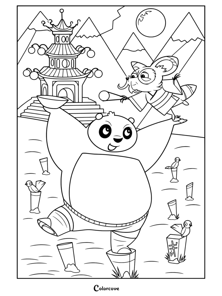 Coloriage Kung Fu Panda avec Po en équilibre sur une souche de bois tenant un bol, et Maître Shifu sur sa tête avec des baguettes.