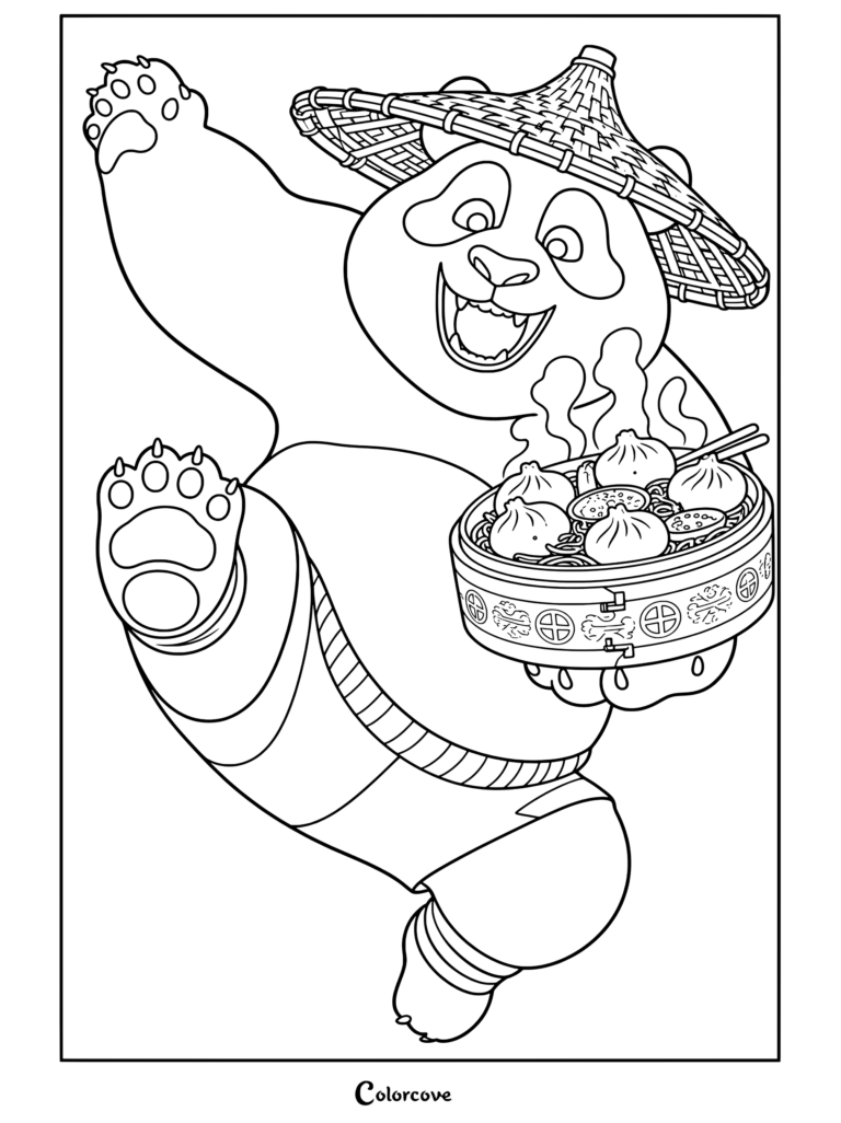 Coloriage Kung Fu Panda avec Po tenant un panier vapeur à dim sum, souriant avec enthousiasme en pleine action.