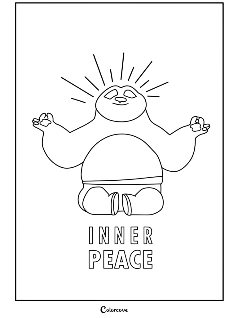 Coloriage Kung Fu Panda montrant Po méditant paisiblement avec le texte Paix Intérieure et une aura lumineuse.