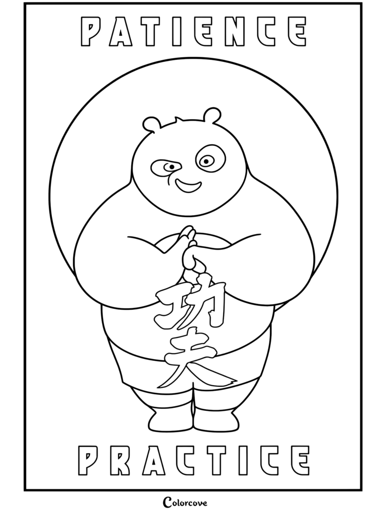 Coloriage Kung Fu Panda montrant Po sur une affiche dédiée à la patience et à la pratique, avec des sinogrammes.