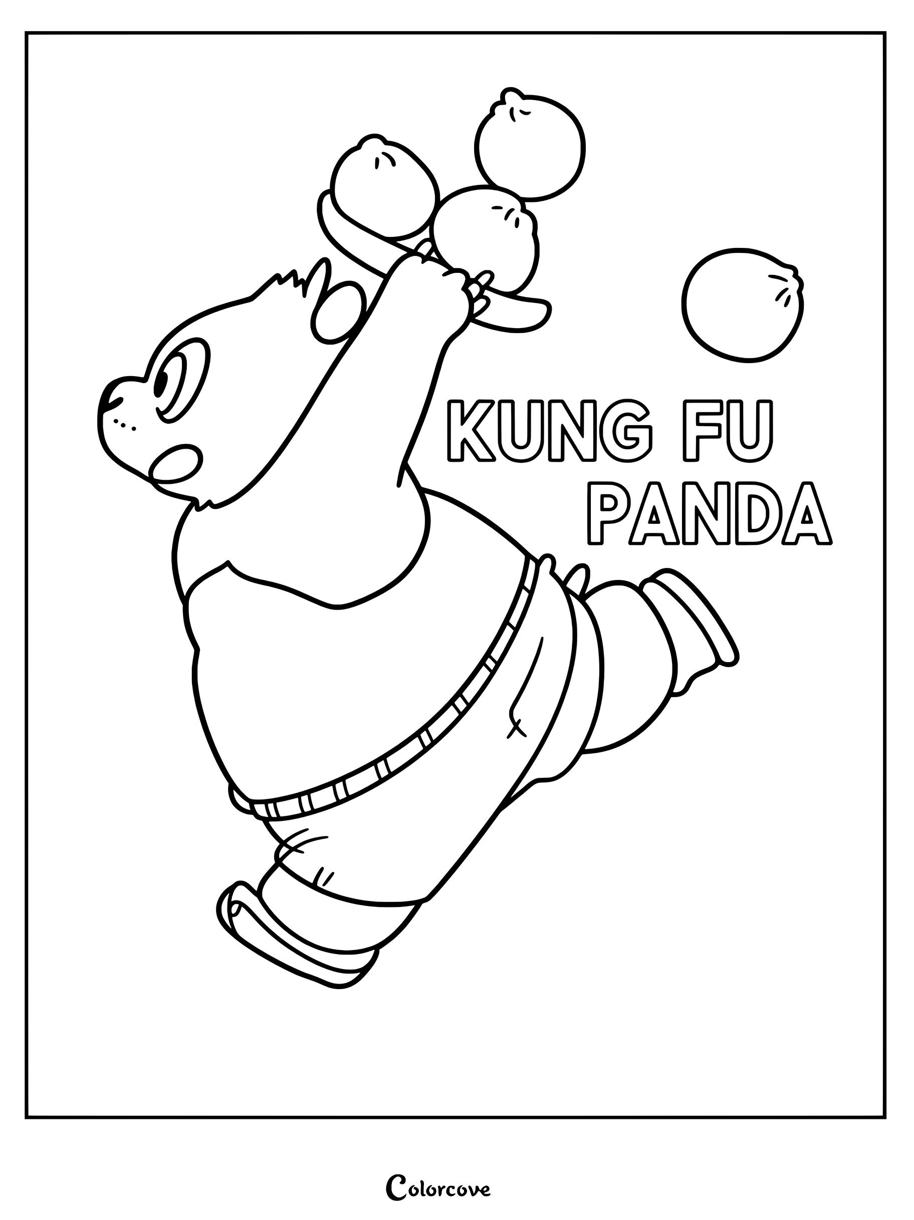 Coloriage Kung Fu Panda montrant Po qui court en gardant l'équilibre avec un plateau de raviolis et un ravioli volant.