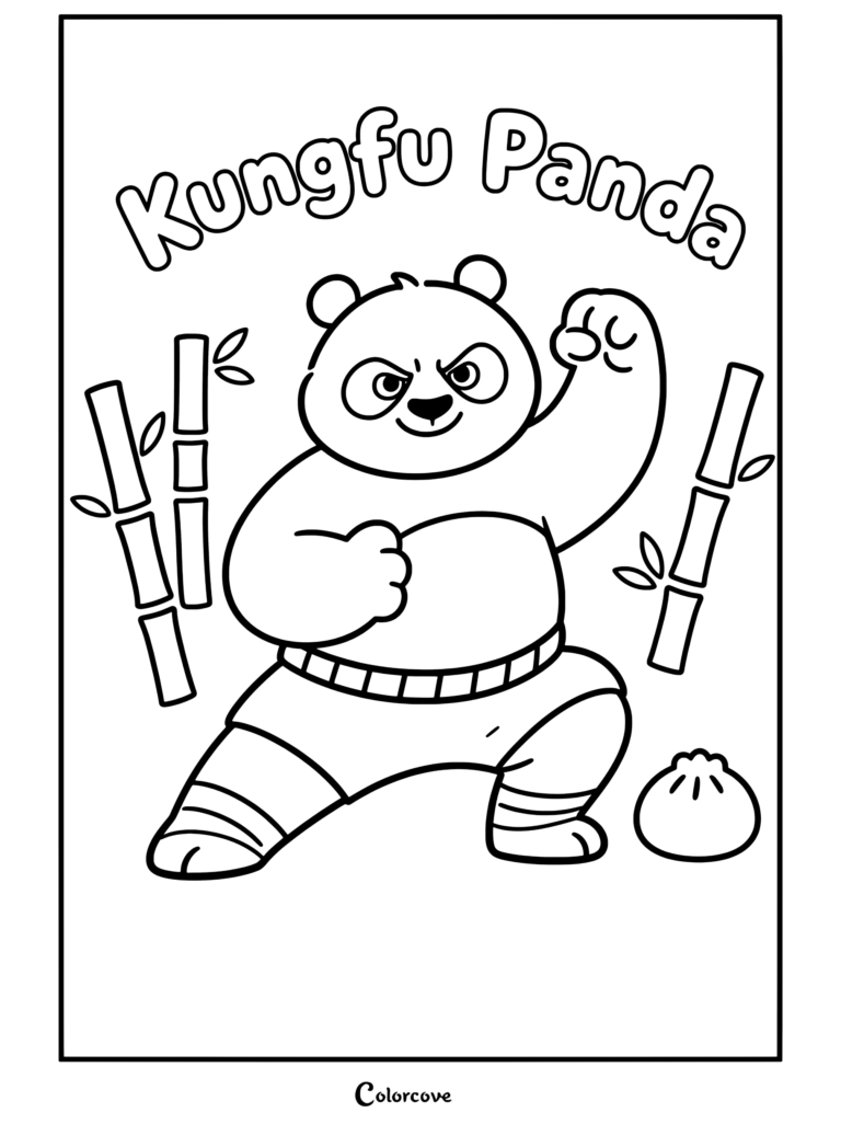 Coloriage Kung Fu Panda montrant Po prenant une pose héroïque d'arts martiaux avec un ravioli et du bambou.