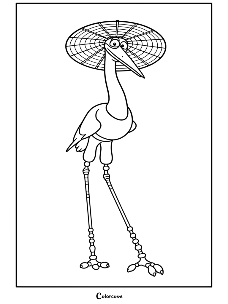 Coloriage de Maître Grue de Kung Fu Panda, perché sur ses longues pattes et coiffé d'un chapeau conique en paille.