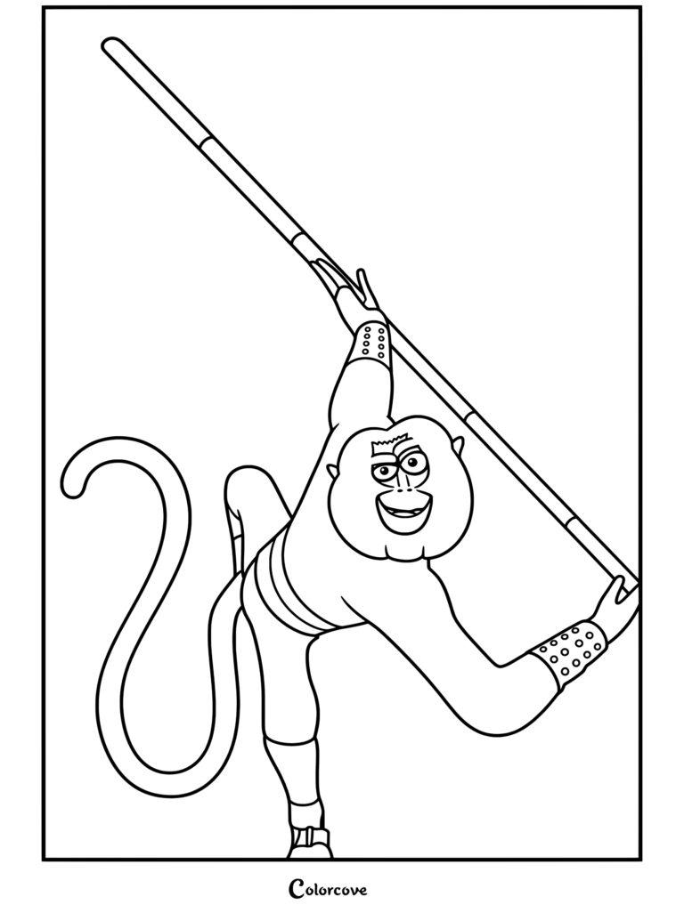 Coloriage gratuit de Maître Singe tenant un bâton de bambou dans une posture dynamique de Kung Fu Panda.