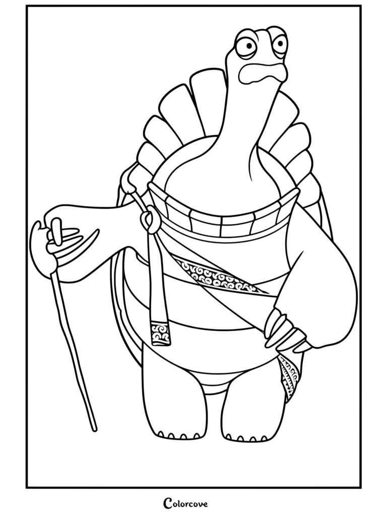 Coloriage de Maître Oogway tenant un bâton de bois et se tenant fièrement dans Kung Fu Panda.