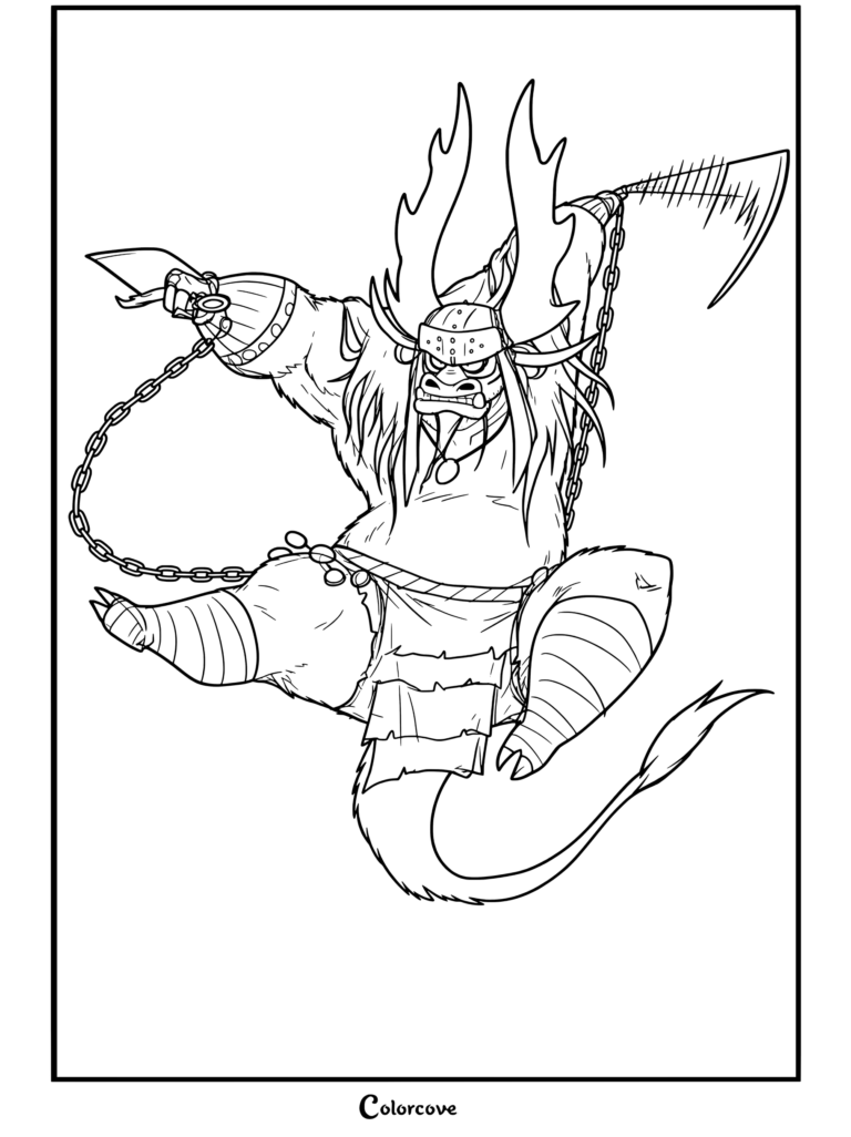 Coloriage gratuit à imprimer de Kai le Collecteur de Kung Fu Panda bondissant avec ses lames de jade lumineuses et ses armes à chaînes en posture de combat.