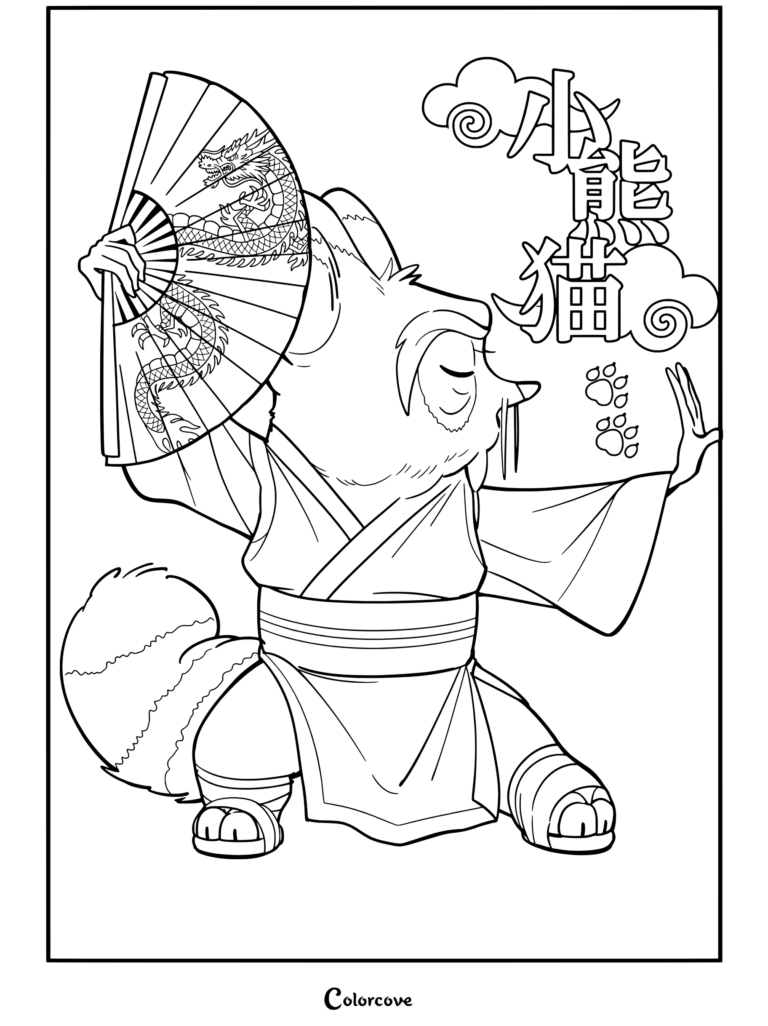 Coloriage pour les fans de Kung Fu Panda montrant Maître Shifu tenant un éventail de dragon vert en posture d'arts martiaux.