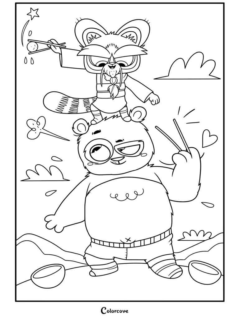 Coloriage de Kung Fu Panda avec Maître Shifu debout sur la tête de Po, tenant un ravioli avec des baguettes.