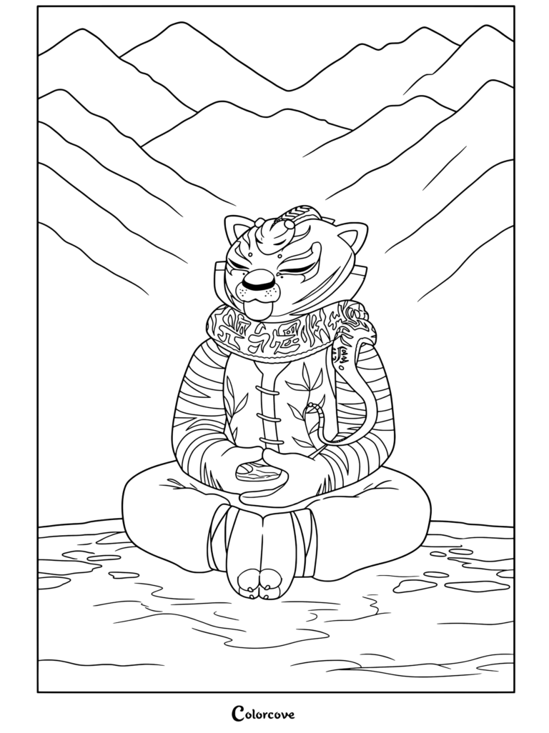 Coloriage Kung Fu Panda montrant Maître Tigresse en méditation sereine dans la posture du lotus, Vipère enroulée autour de son cou devant les montagnes.
