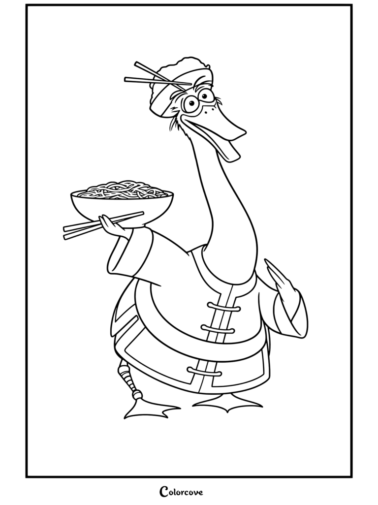 Coloriage Kung Fu Panda de M. Ping tenant un bol de nouilles avec des baguettes, vêtu d'une tunique rouge et d'une toque à nouilles.