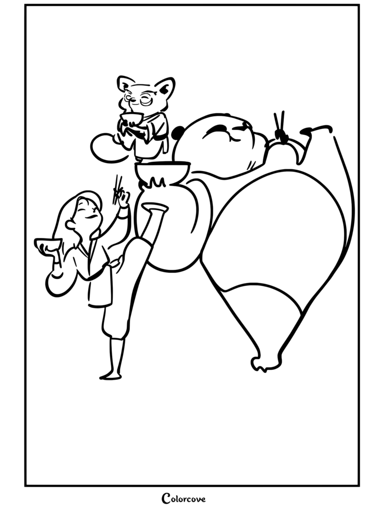 Coloriage Kung Fu Panda avec Mulan s'entraînant aux arts martiaux d'un coup de pied haut aux côtés d'un panda et d'un panda roux tenant des bols de nourriture.