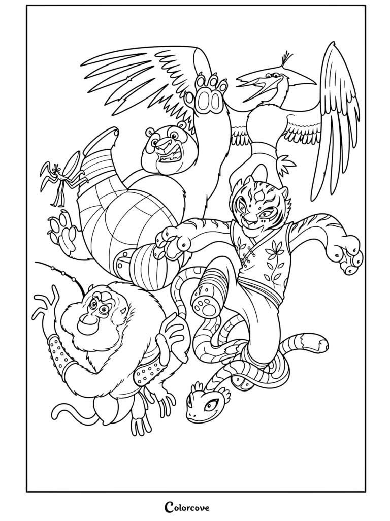 Coloriage à imprimer de Po et des Cinq Cyclones en pleine action dans Kung Fu Panda.