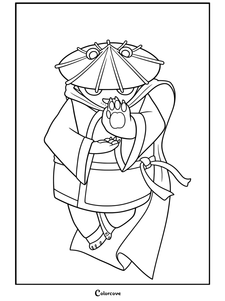 Coloriage détaillé de Po de Kung Fu Panda canalisant l'énergie du Chi avec sa patte lumineuse, vêtu d'une toge et d'un chapeau de paille.