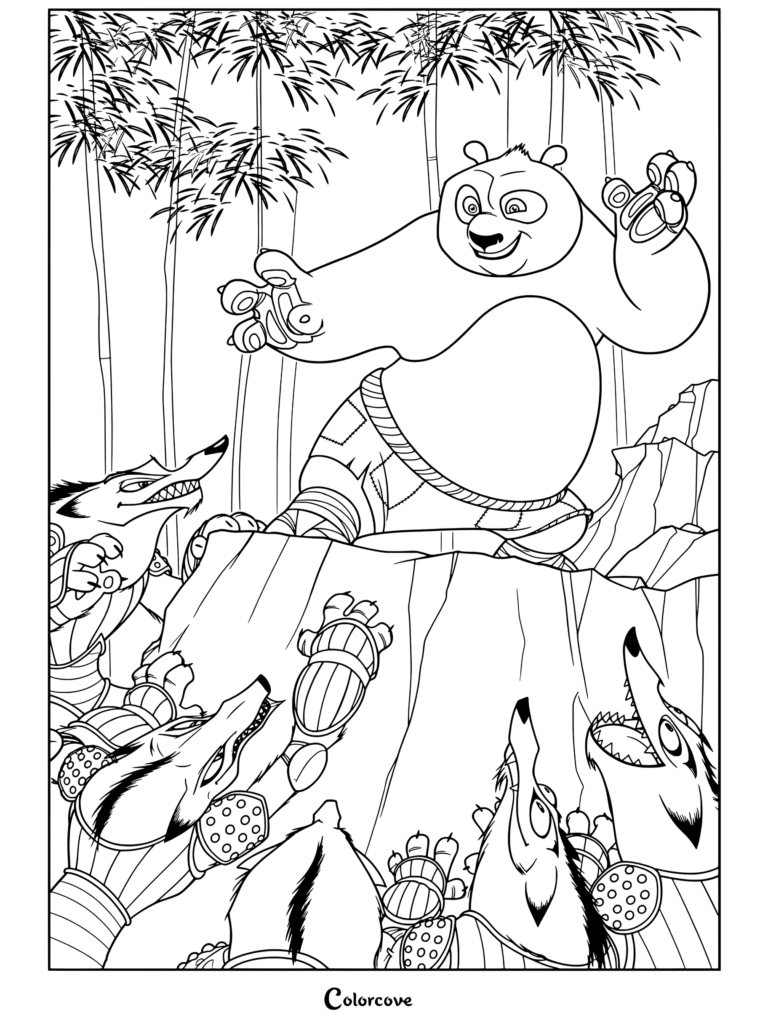 Coloriage Kung Fu Panda montrant Po le panda debout sur un rocher, se défendant contre des loups brigands dans une forêt de bambous.