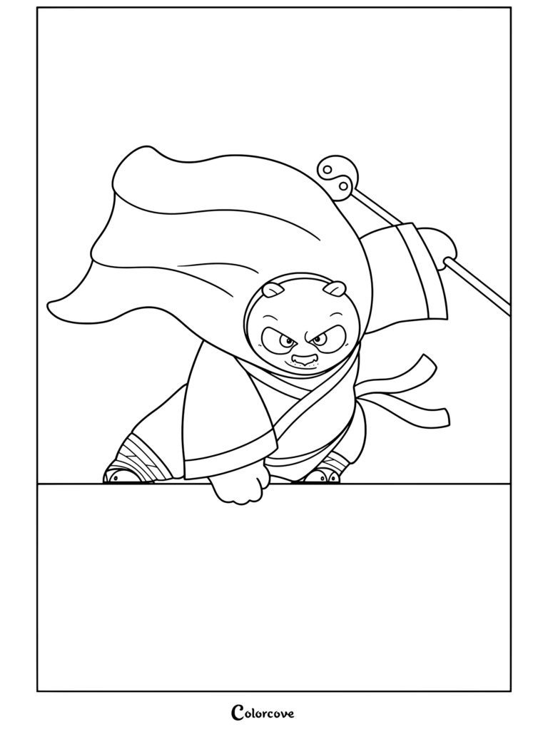 Coloriage à imprimer de Po le panda portant une cape jaune et brandissant un bâton vert en posture martiale, issu de Kung Fu Panda.