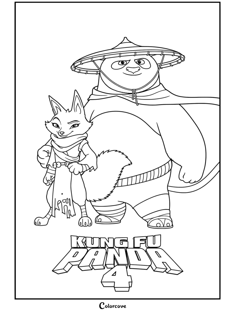 Coloriage de Po et Zhen de Kung Fu Panda 4 côte à côte avec assurance, Po portant sa cape et son chapeau conique.