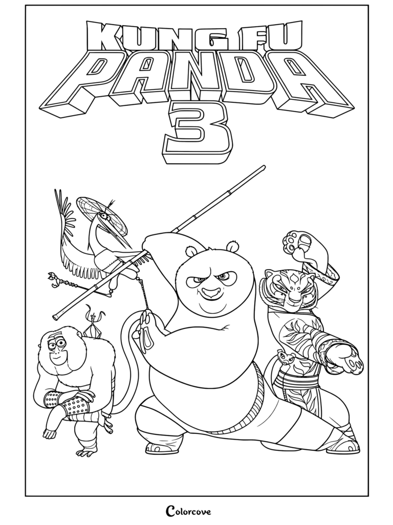 Coloriage Kung Fu Panda 3 montrant Po, Tigresse, Singe, Grue, Mante et Vipère prêts au combat.