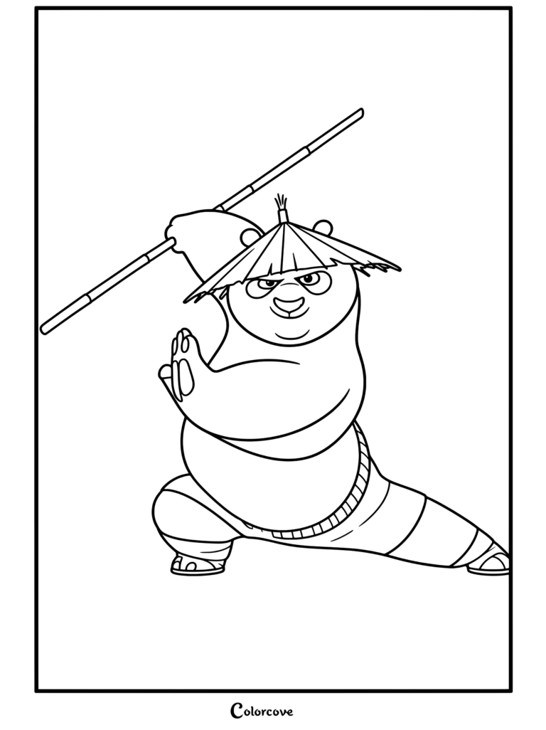 Coloriage à imprimer de Po le panda tenant un bâton en bois en posture de combat, coiffé d'un chapeau de paille conique.
