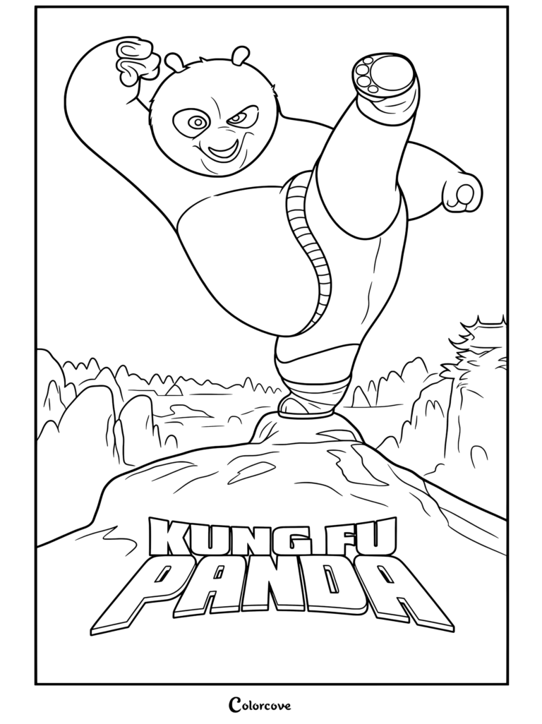 Coloriage de Po le panda exécutant un coup de pied spectaculaire sur un rocher avec le logo Kung Fu Panda.
