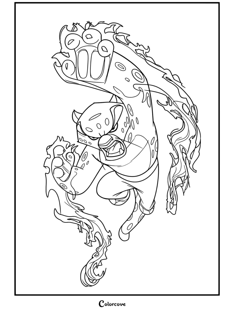 Coloriage de Tai Lung chargeant son énergie Chi avec des poings lumineux dans Kung Fu Panda.