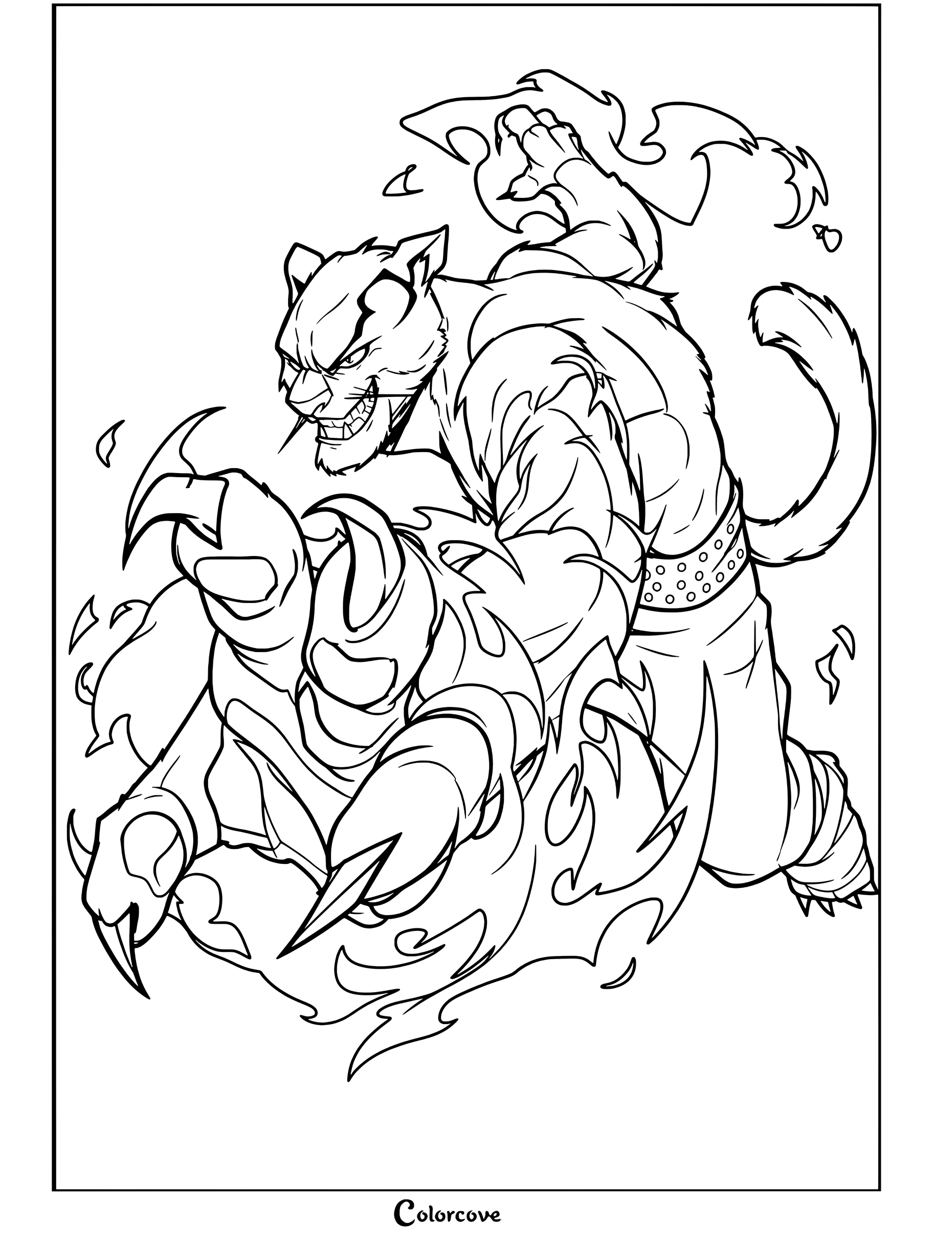 Coloriage de Tai Lung de Kung Fu Panda montrant le redoutable colosse chargeant avec ses gantelets à pointes et l'énergie du Chi autour de ses griffes.