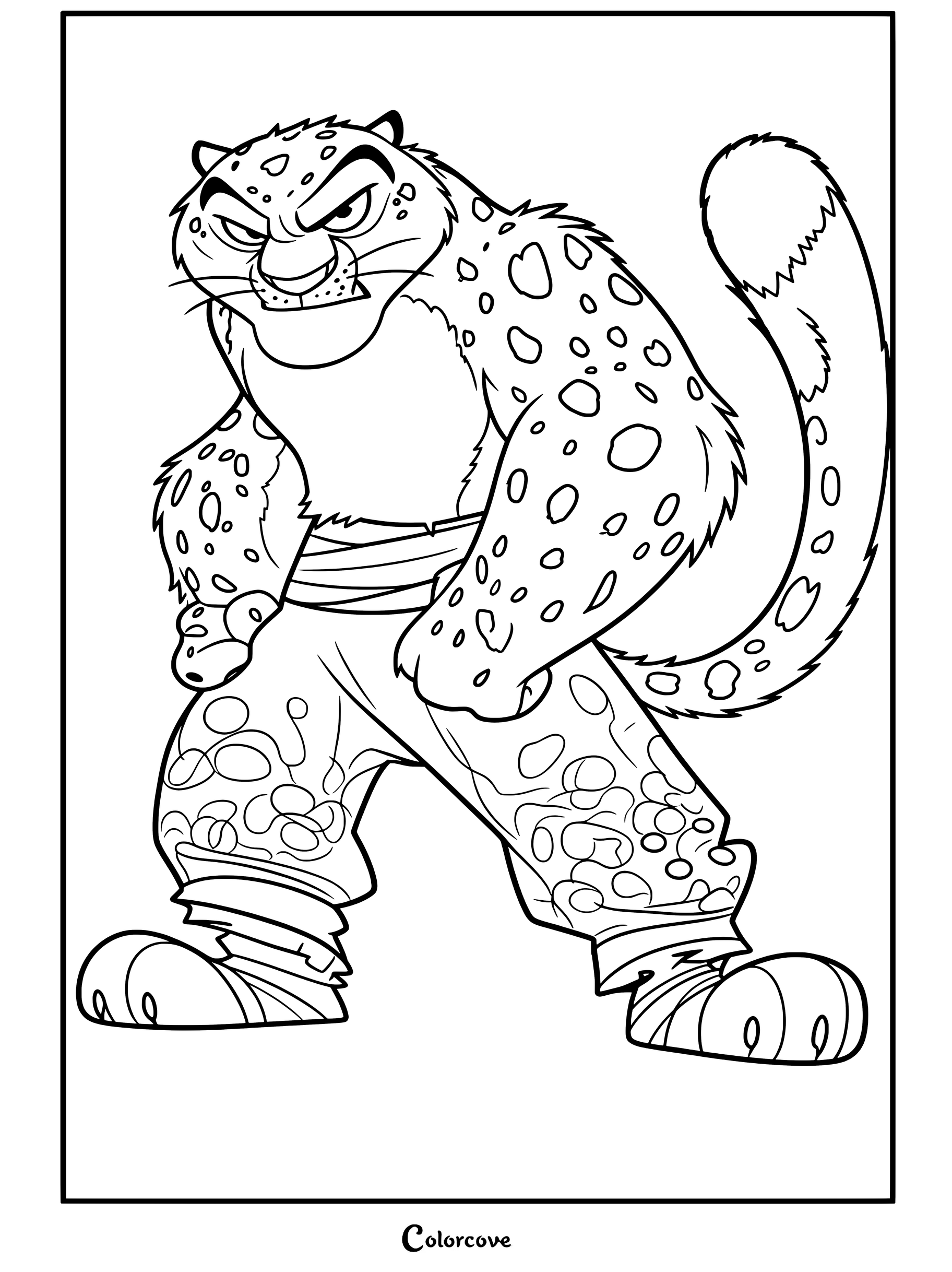 Coloriage de Tai Lung de Kung Fu Panda montrant le félin debout, l'air furieux et les poings sur les hanches.