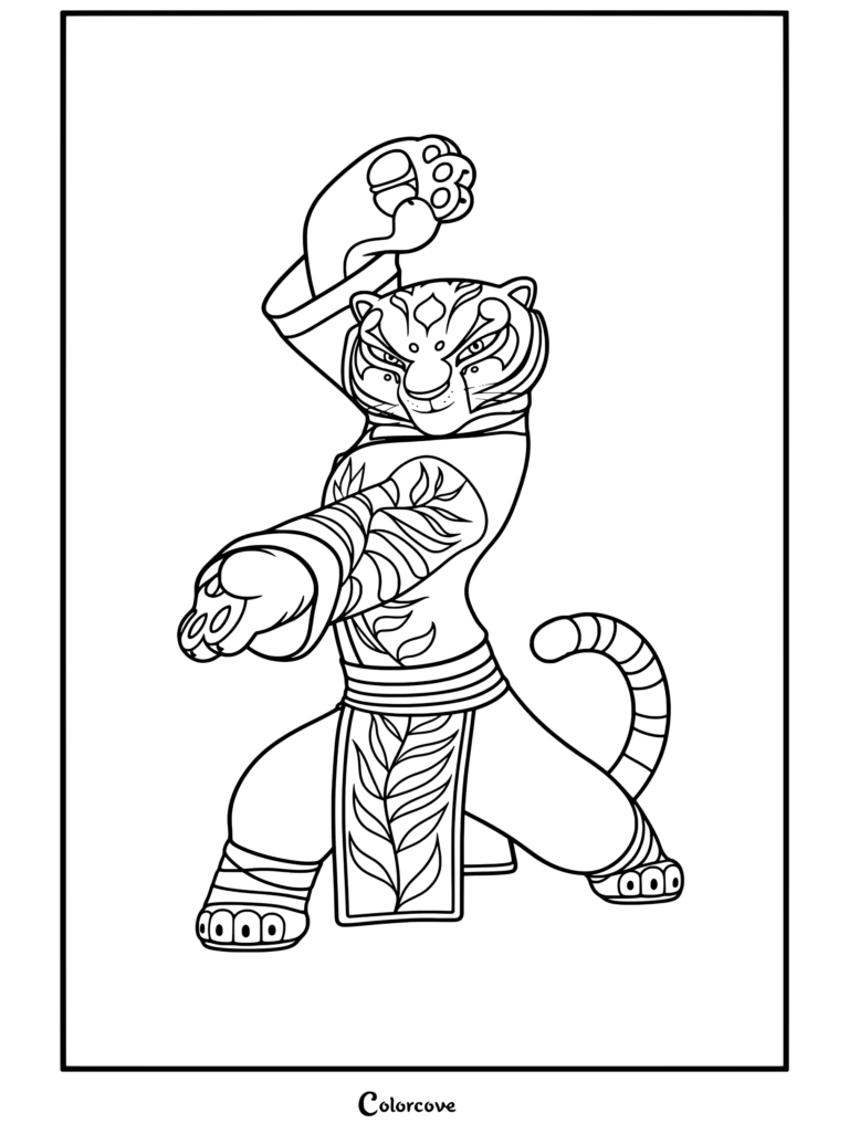Coloriage gratuit Kung Fu Panda mettant en scène Tigresse dans une posture d'arts martiaux dynamique, vêtue de sa tunique jaune et noire.