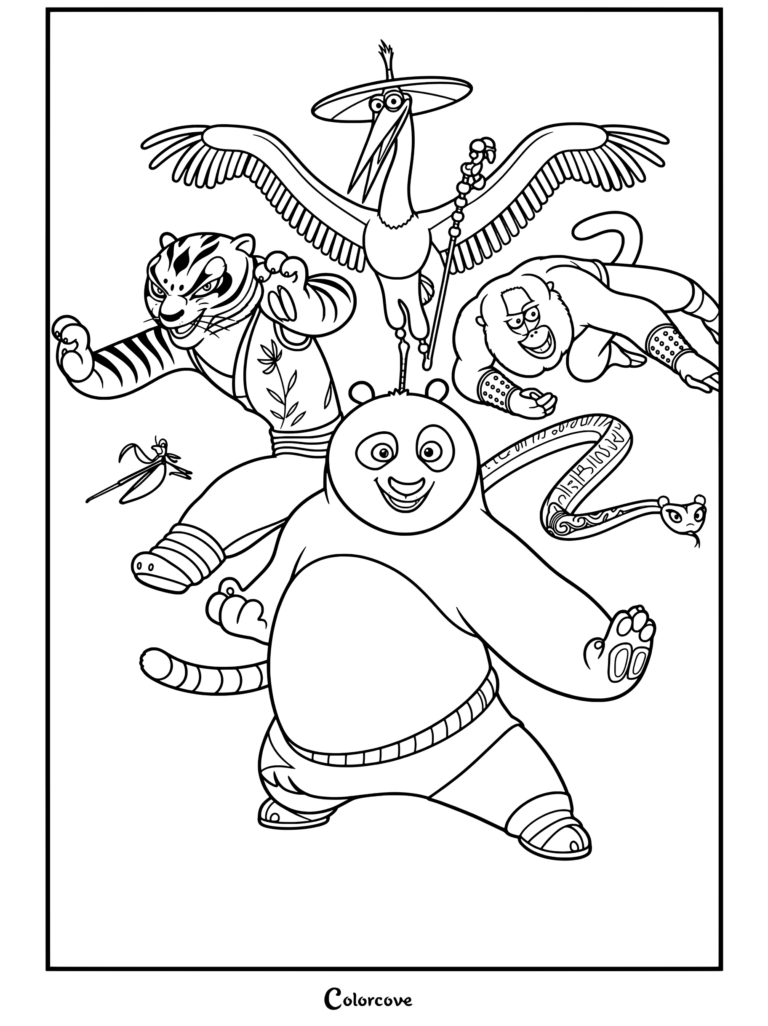 Coloriage Kung Fu Panda plein d'action avec Po, Tigresse, Maître Shifu, Mante, Vipère et Grue.